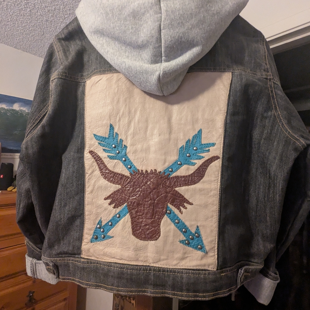 "Shellie's" Custom Leather & Denim Jacket with Bull and Arrow Design